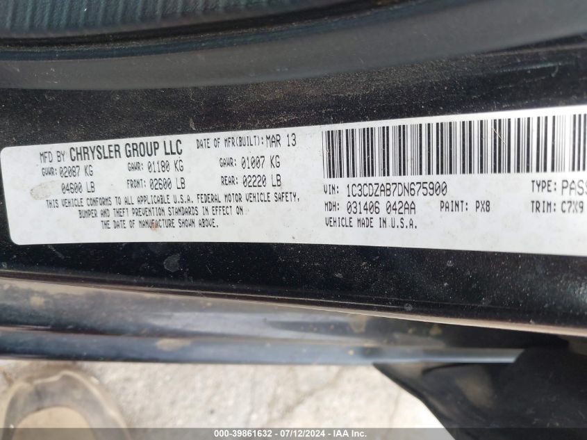 2013 Dodge Avenger Se VIN: 1C3CDZAB7DN675900 Lot: 39861632