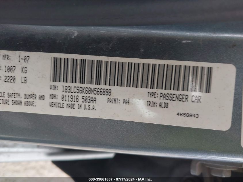 2008 Dodge Avenger Sxt VIN: 1B3LC56K68N566898 Lot: 39861637