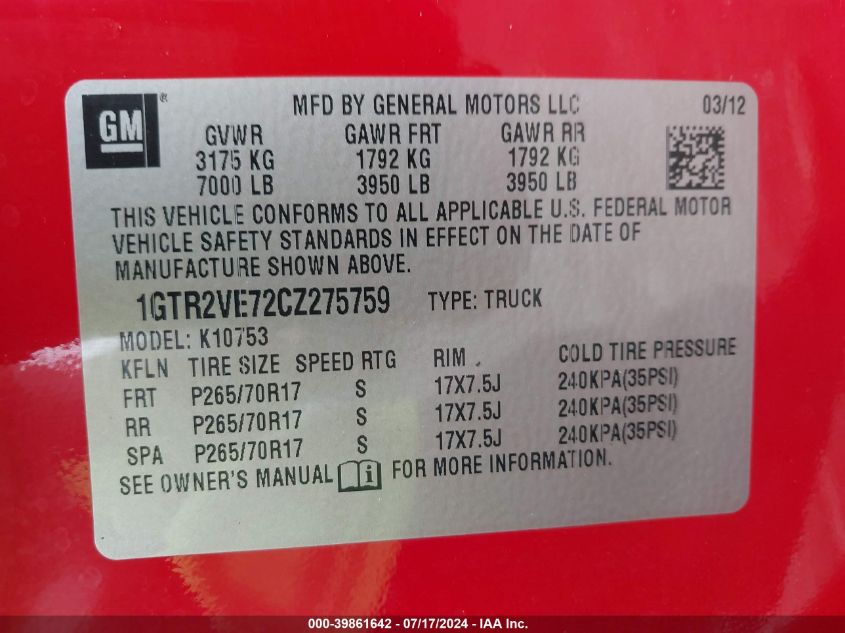 2012 GMC Sierra 1500 Sle VIN: 1GTR2VE72CZ275759 Lot: 39861642