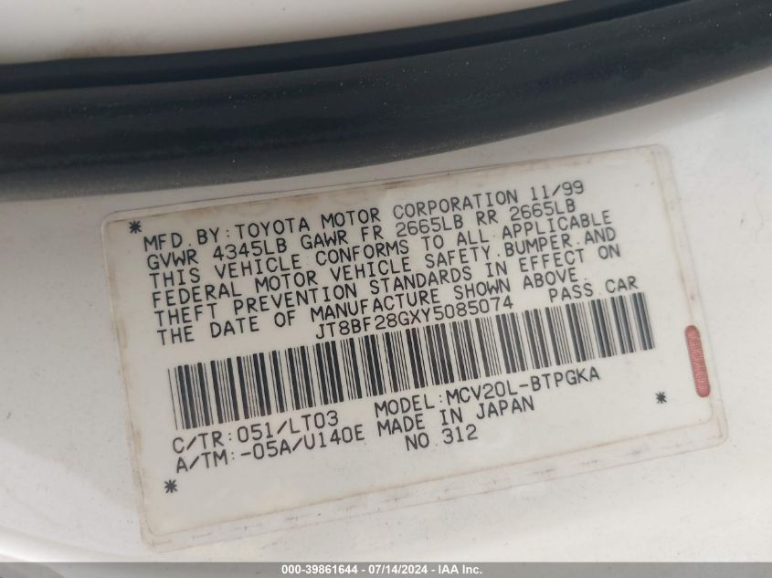 2000 Lexus Es 300 VIN: JT8BF28GXY5085074 Lot: 39861644