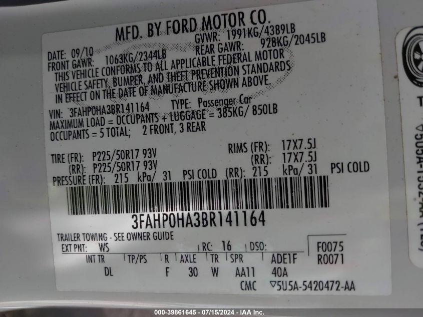 2011 Ford Fusion Se VIN: 3FAHP0HA3BR141164 Lot: 39861645