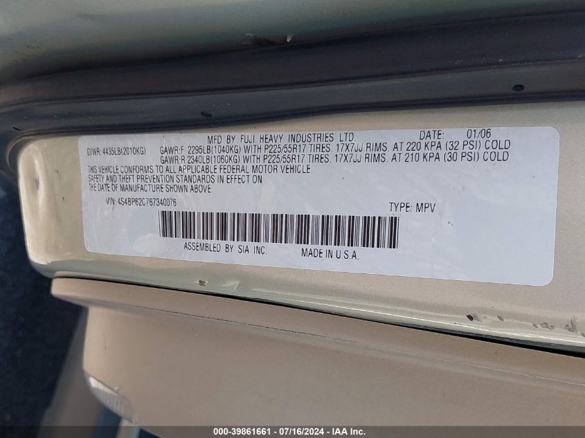 2006 Subaru Outback 2.5I Limited VIN: 4S4BP62C767340076 Lot: 39861661