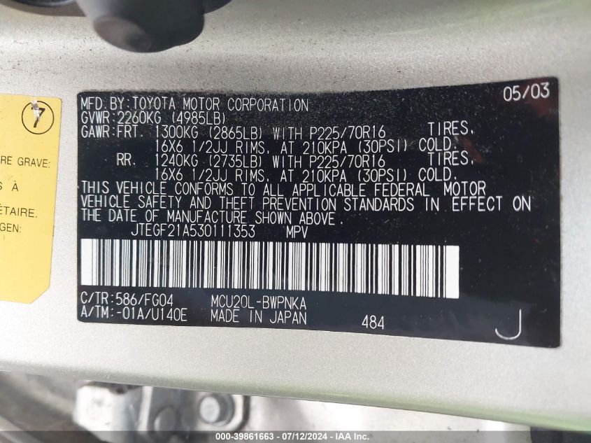 2003 Toyota Highlander V6 VIN: JTEGF21A530111353 Lot: 39861663