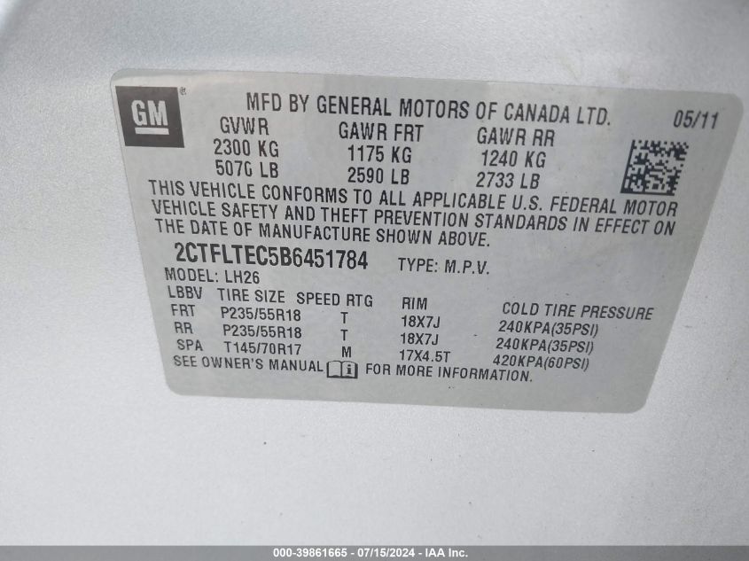 2011 GMC Terrain Sle-2 VIN: 2CTFLTEC5B6451784 Lot: 39861665