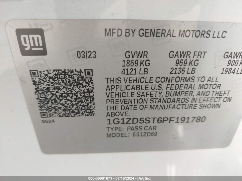 2023 Chevrolet Malibu Lt VIN: 1G1ZD5ST6PF191780 Lot: 39861671