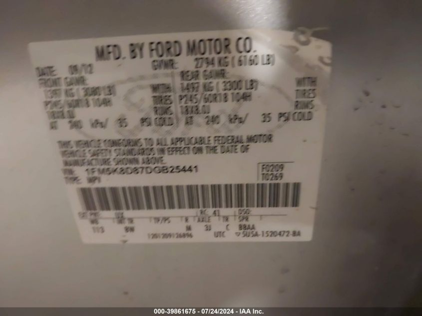 2013 Ford Explorer Xlt VIN: 1FM5K8D87DGB25441 Lot: 39861675