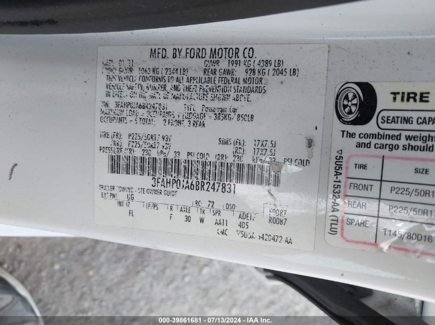 2011 Ford Fusion Sel VIN: 3FAHP0JA6BR247831 Lot: 39861681