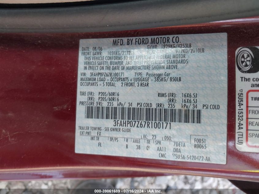 2007 Ford Fusion Se VIN: 3FAHP07Z67R100171 Lot: 39861689