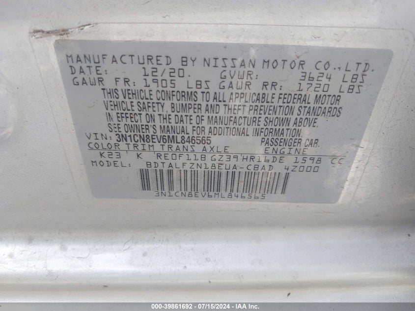 2021 Nissan Versa Sv Xtronic Cvt VIN: 3N1CN8EV6ML846565 Lot: 39861692