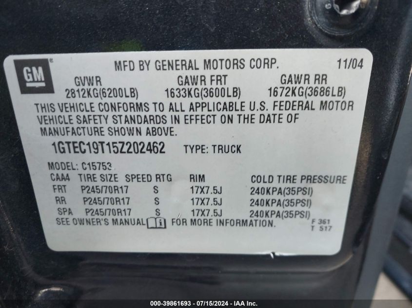 2005 GMC Sierra 1500 Sle VIN: 1GTEC19T15Z202462 Lot: 39861693