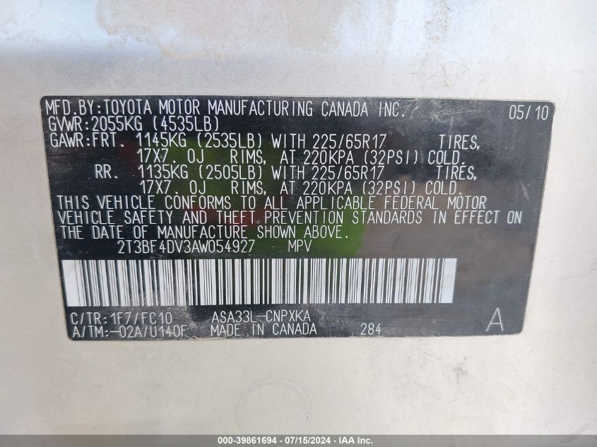 2010 Toyota Rav4 VIN: 2T3BF4DV3AW054927 Lot: 39861694