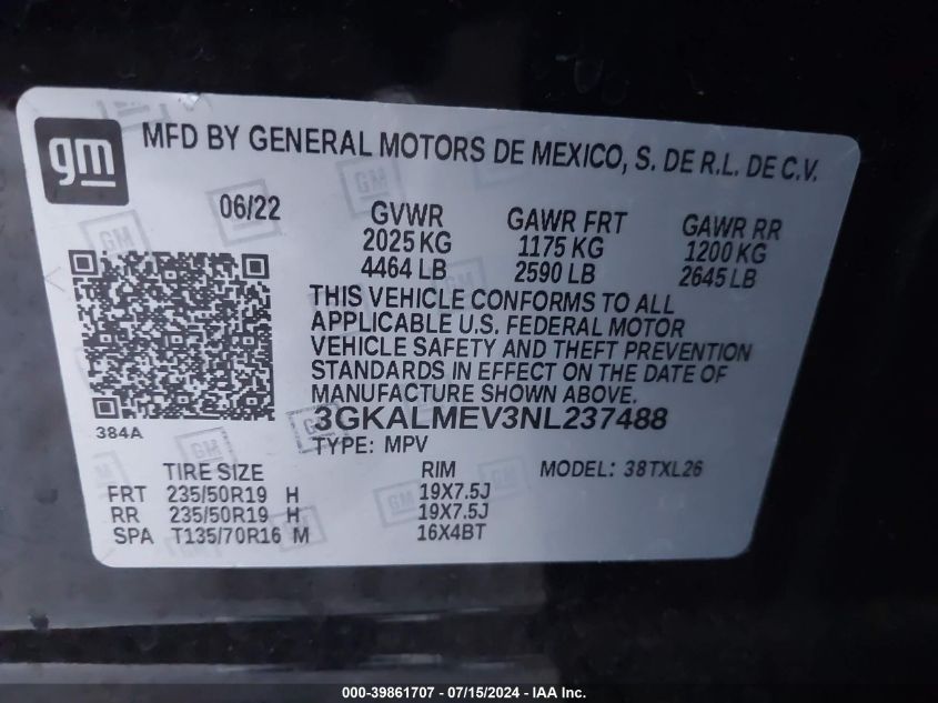 2022 GMC Terrain Fwd Sle VIN: 3GKALMEV3NL237488 Lot: 39861707