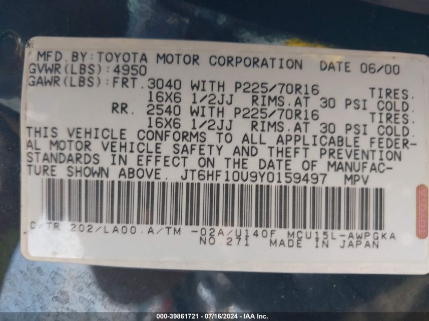 2000 Lexus Rx 300 VIN: JT6HF10U9Y0159497 Lot: 39861721