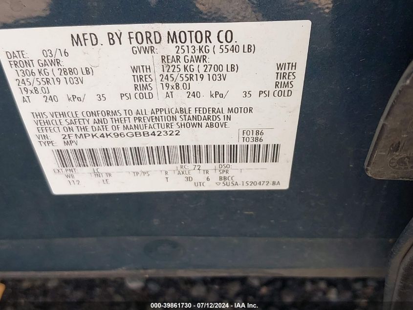 2016 Ford Edge Titanium VIN: 2FMPK4K96GBB42322 Lot: 39861730