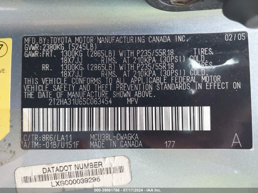 2005 Lexus Rx 330 330 VIN: 2T2HA31U65C063454 Lot: 39861768