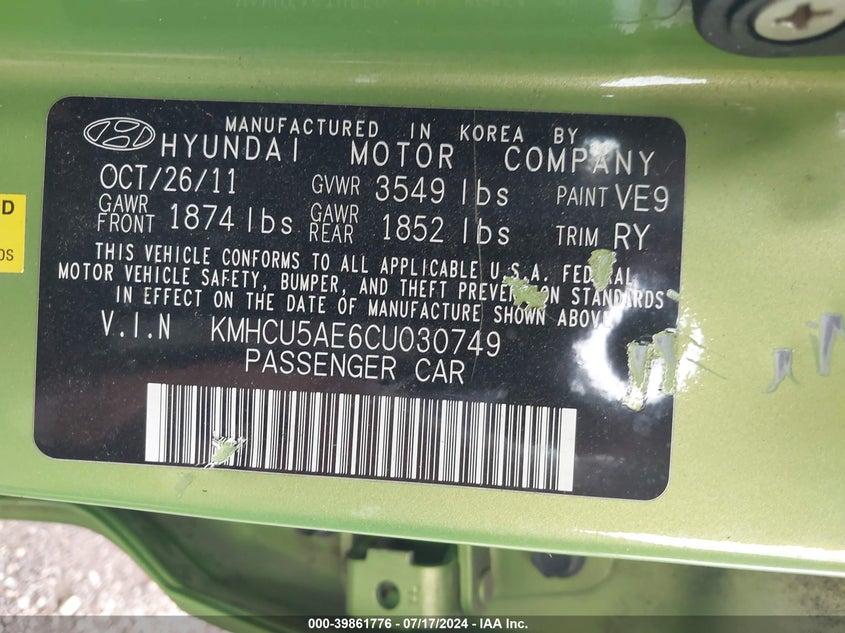 2012 Hyundai Accent Se VIN: KMHCU5AE6CU030749 Lot: 39861776