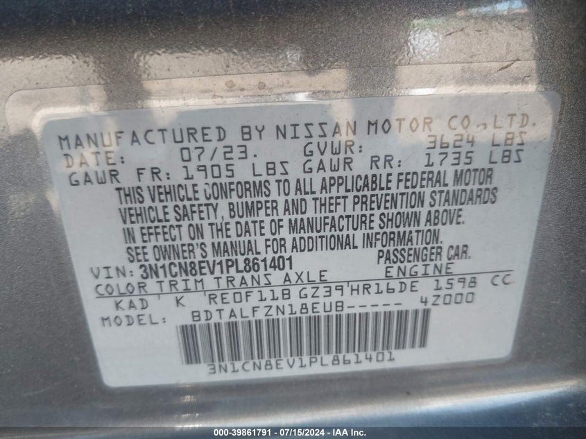 2023 Nissan Versa 1.6 Sv Xtronic Cvt VIN: 3N1CN8EV1PL861401 Lot: 39861791