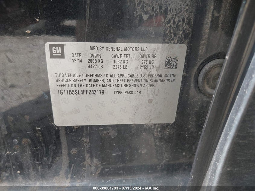 2015 Chevrolet Malibu Ls VIN: 1G11B5SL4FF243179 Lot: 39861793