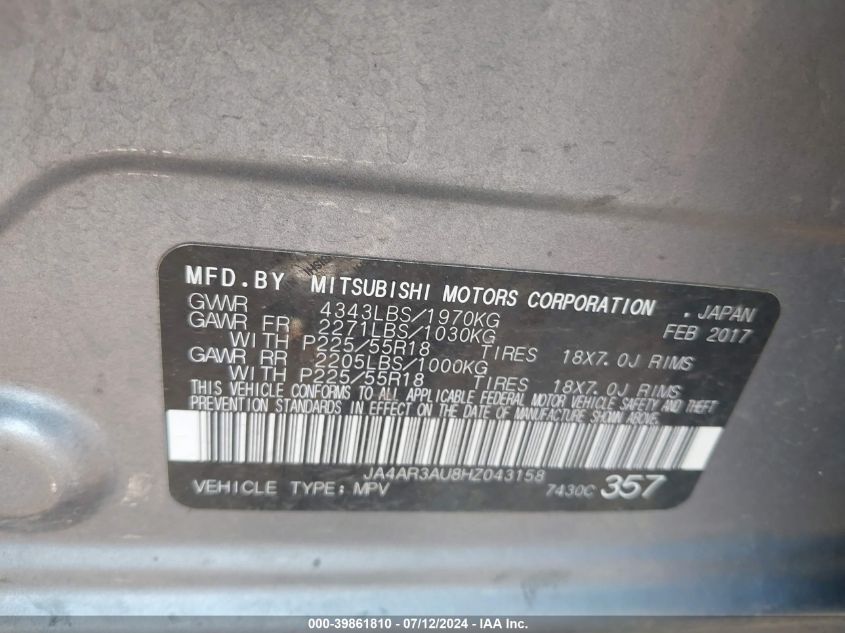 2017 Mitsubishi Outlander Sport 2.0 Es VIN: JA4AR3AU8HZ043158 Lot: 39861810