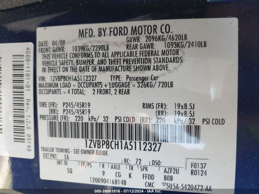 2010 Ford Mustang Gt/Gt Premium VIN: 1ZVBP8CH1A5112327 Lot: 39861816