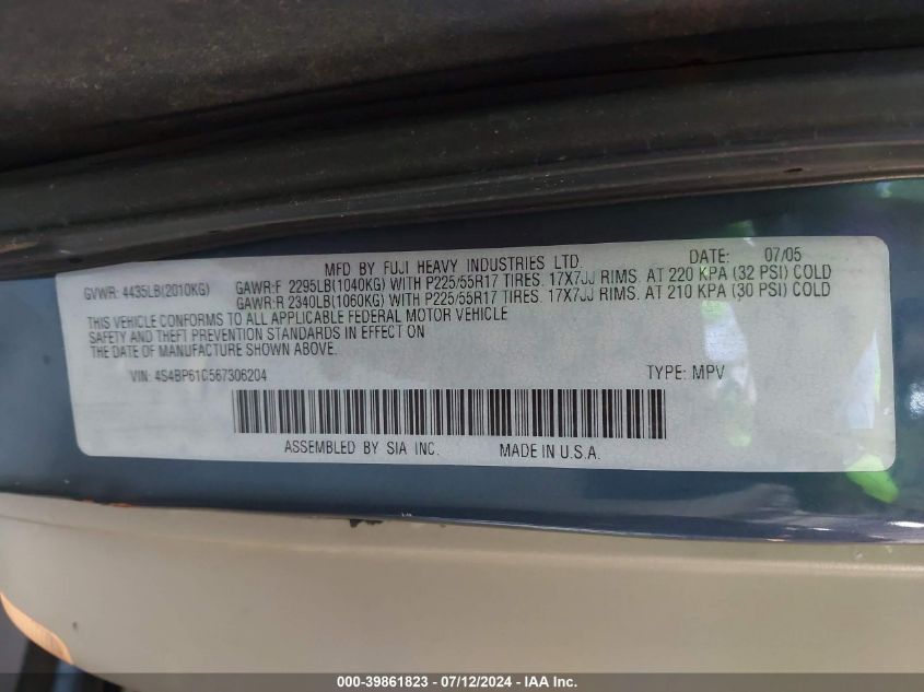 2006 Subaru Outback 2.5I VIN: 4S4BP61C567306204 Lot: 39861823