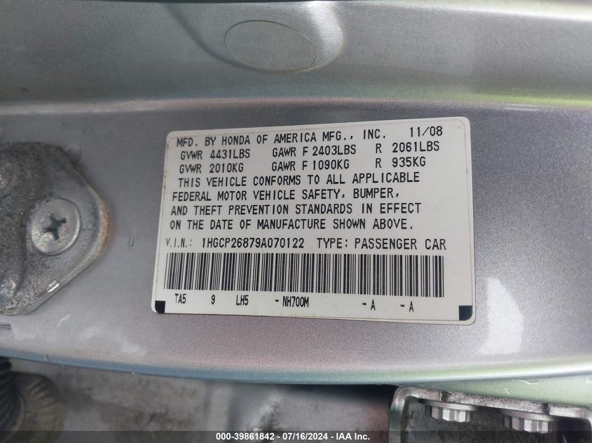 2009 Honda Accord 2.4 Ex-L VIN: 1HGCP26879A070122 Lot: 39861842