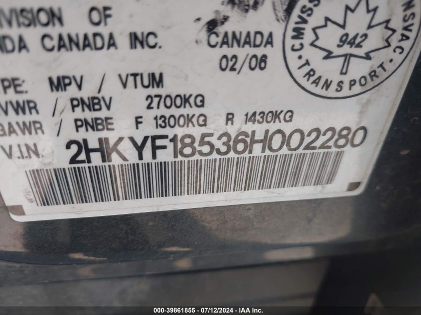 2006 Honda Pilot Ex-L VIN: 2HKYF18536H002280 Lot: 39861855