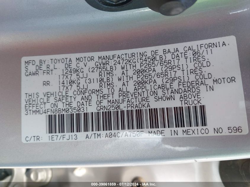 2011 Toyota Tacoma Base V6 VIN: 3TMMU4FN8BM035031 Lot: 39861859