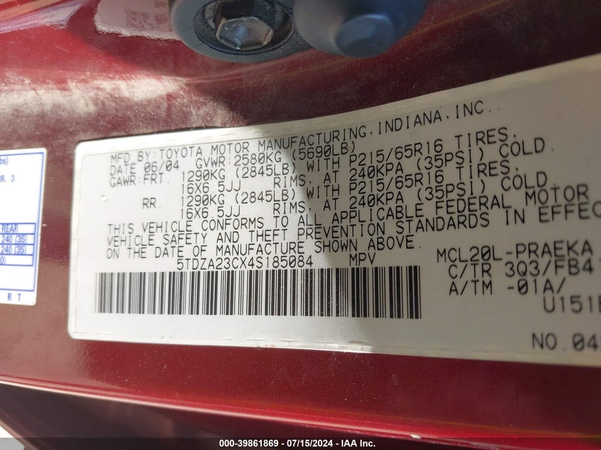 2004 Toyota Sienna Le VIN: 5TDZA23CX4S185084 Lot: 39861869