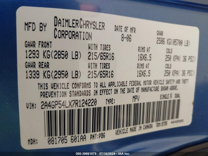 2007 Chrysler Town & Country Touring VIN: 2A4GP54LX7R124220 Lot: 39861875