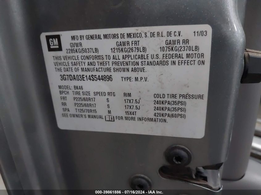 2004 Pontiac Aztek VIN: 3G7DA03E14S544896 Lot: 39861886