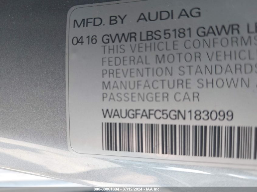 WAUGFAFC5GN183099 2016 Audi A6 2.0T Premium Plus