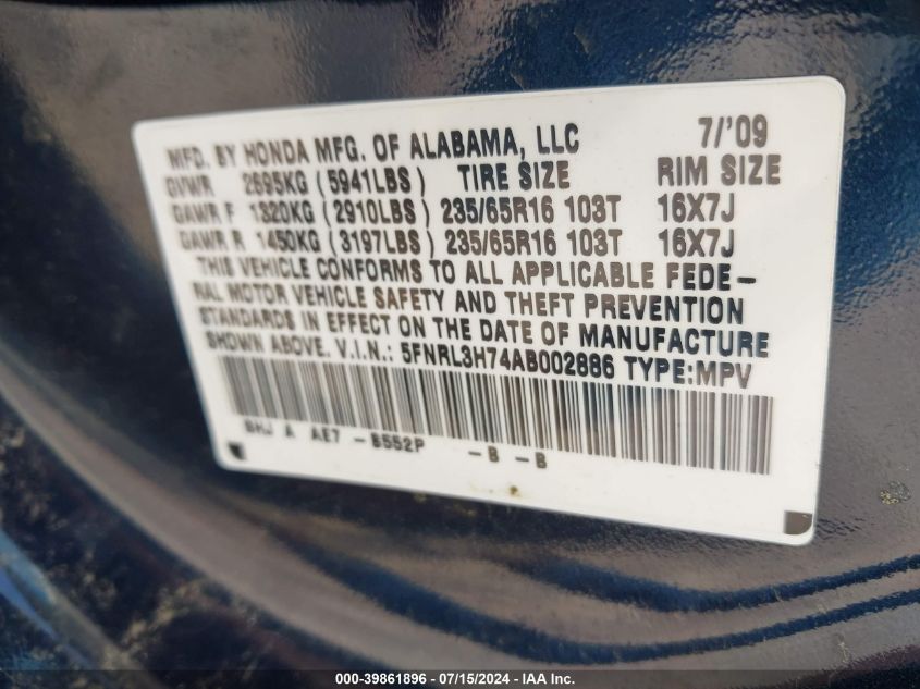 2010 Honda Odyssey Ex-L VIN: 5FNRL3H74AB002886 Lot: 39861896