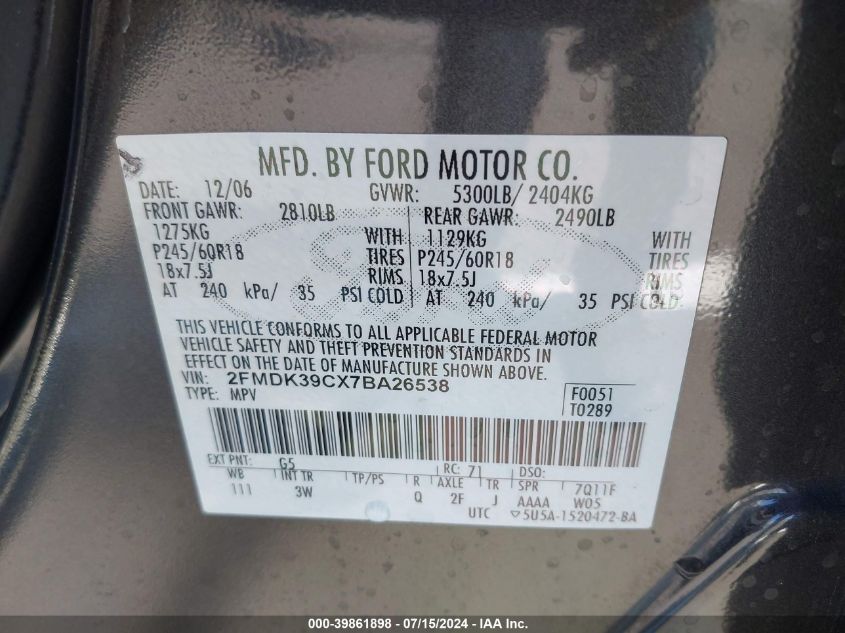 2007 Ford Edge Sel Plus VIN: 2FMDK39CX7BA26538 Lot: 39861898