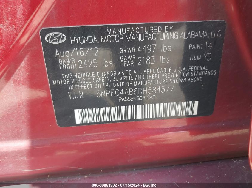 2013 Hyundai Sonata Limited 2.0T VIN: 5NPEC4AB6DH584577 Lot: 39861902