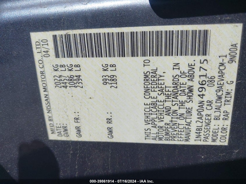 2010 Nissan Altima 3.5 Sr VIN: 1N4BL2AP0AN496175 Lot: 39861914