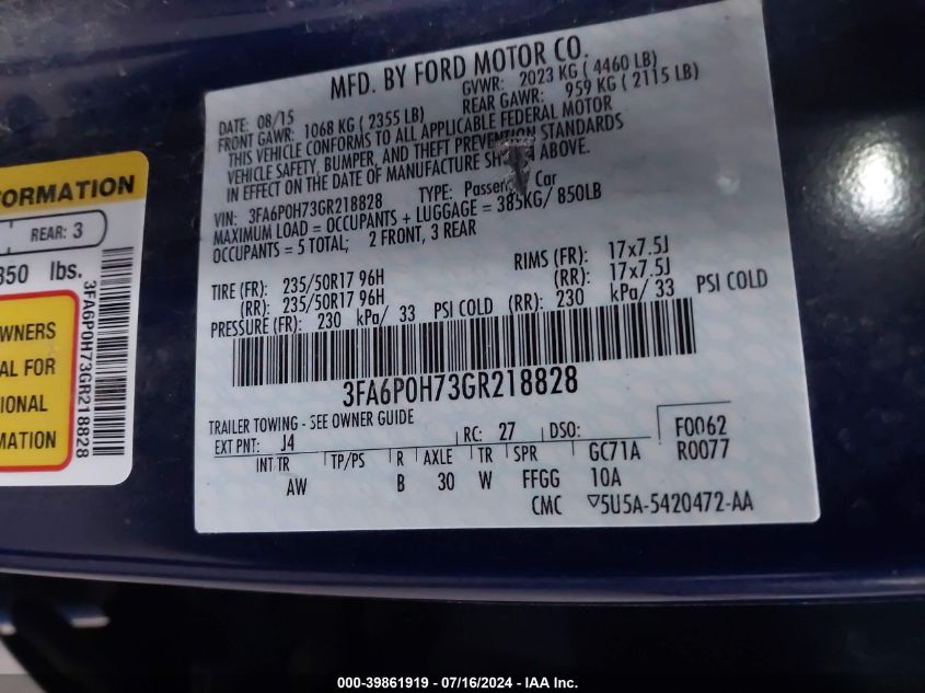 2016 Ford Fusion Se VIN: 3FA6P0H73GR218828 Lot: 39861919