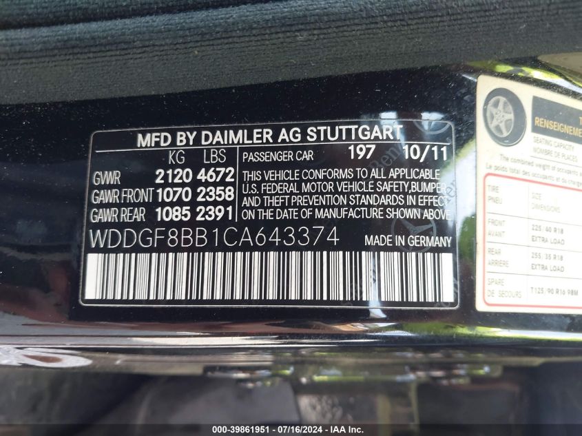 2012 Mercedes-Benz C 300 Luxury 4Matic/Sport 4Matic VIN: WDDGF8BB1CA643374 Lot: 39861951