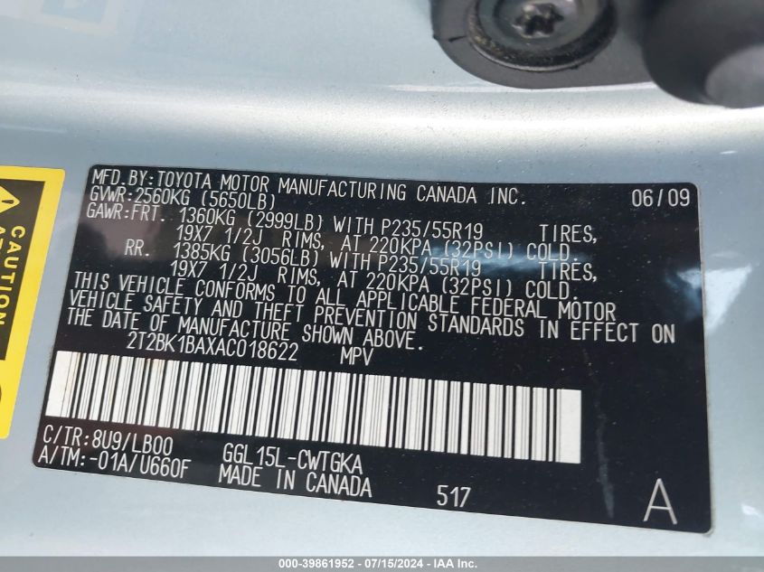 2010 Lexus Rx 350 350 VIN: 2T2BK1BAXAC018622 Lot: 39861952