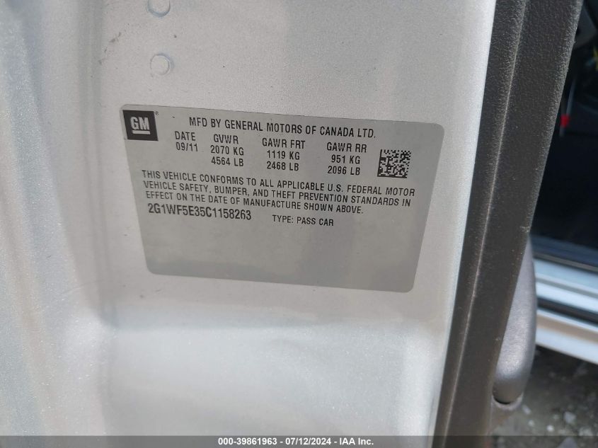 2012 Chevrolet Impala Ls VIN: 2G1WF5E35C1158263 Lot: 39861963