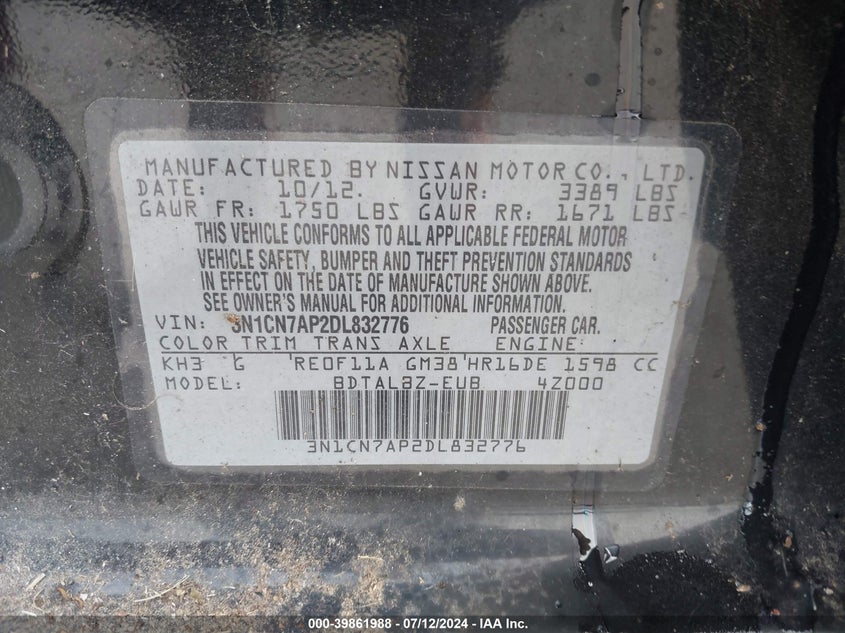 2013 Nissan Versa 1.6 Sv VIN: 3N1CN7AP2DL832776 Lot: 39861988