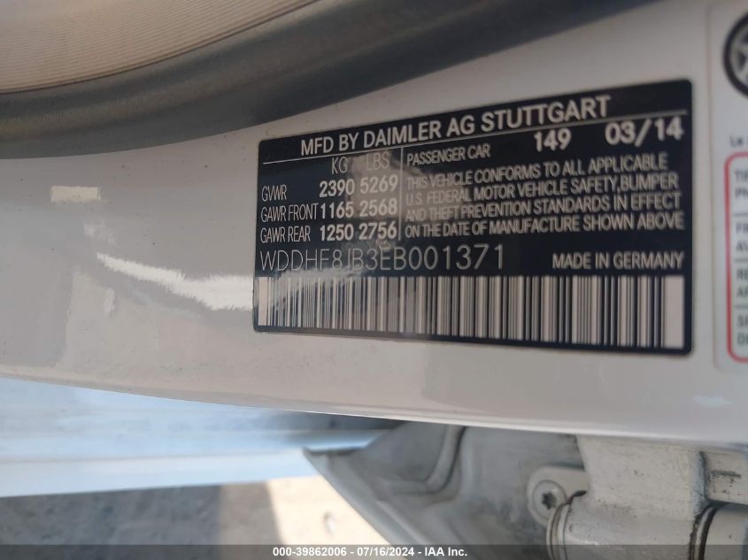 2014 Mercedes-Benz E 350 4Matic VIN: WDDHF8JB3EB001371 Lot: 39862006