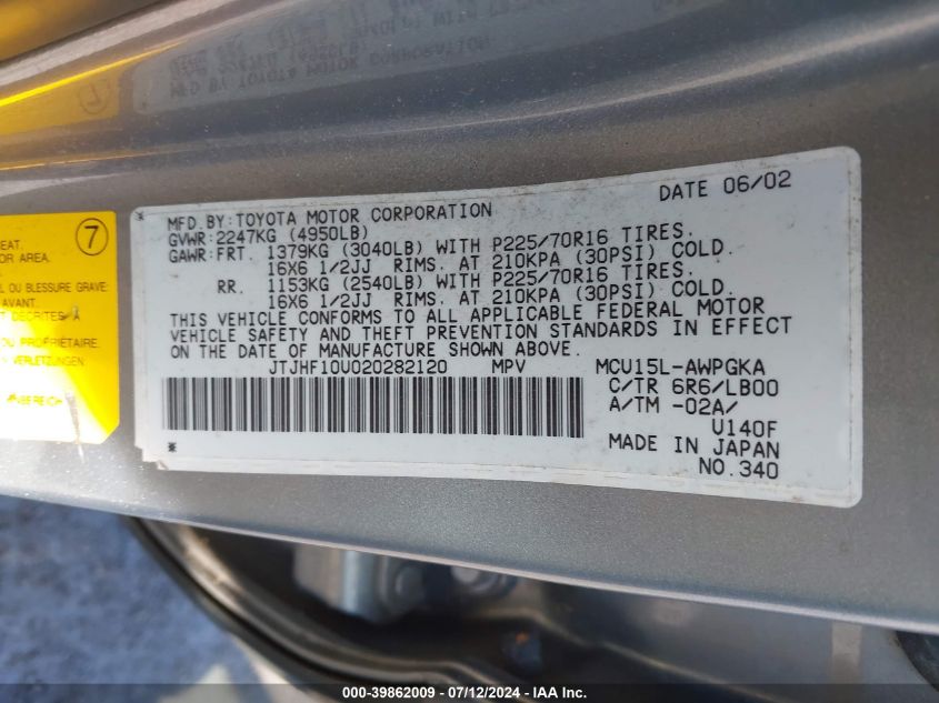 2002 Lexus Rx 300 VIN: JTJHF10U020282120 Lot: 39862009