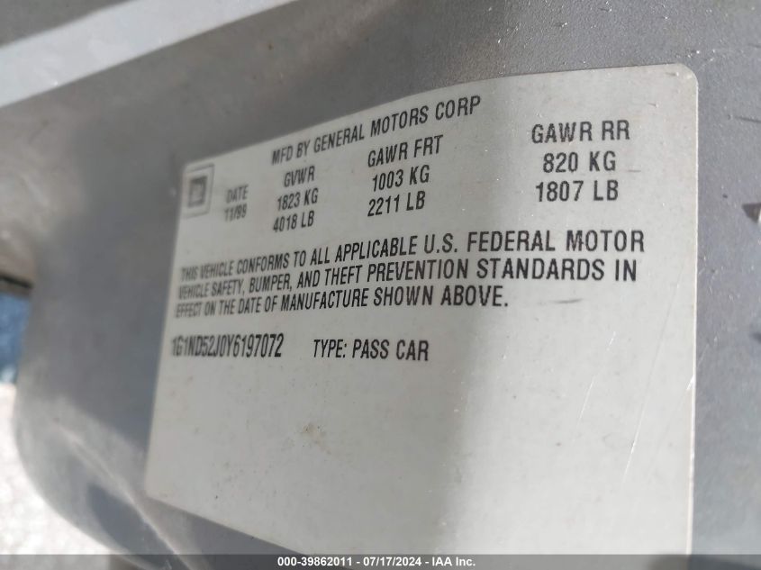 2000 Chevrolet Malibu VIN: 1G1ND52J0Y6197072 Lot: 39862011