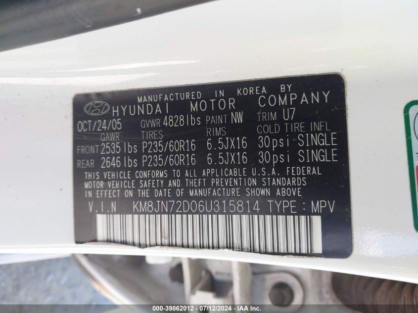 2006 Hyundai Tucson Gls/Limited VIN: KM8JN72D06U315814 Lot: 39862012