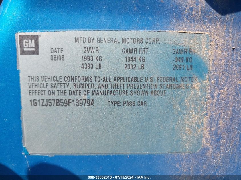2009 Chevrolet Malibu Lt VIN: 1G1ZJ57B59F139794 Lot: 39862013