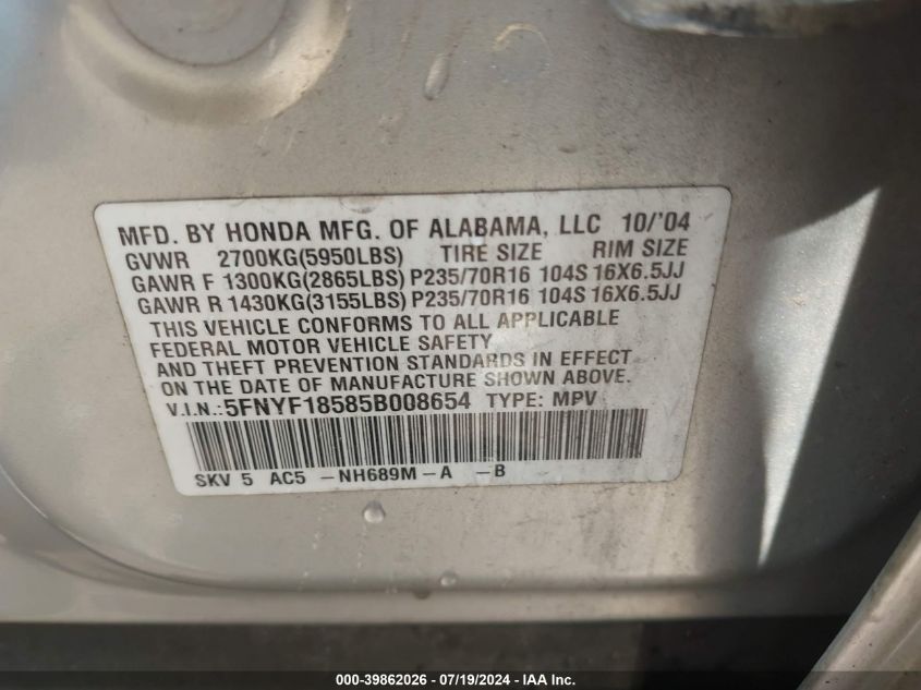 2005 Honda Pilot Ex-L VIN: 5FNYF18585B008654 Lot: 39862026