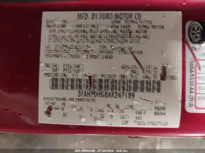 2010 Ford Fusion Se VIN: 3FAHP0HG8AR247189 Lot: 39862046