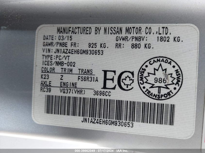 2016 Nissan 370Z Nismo/Nismo Tech/Sport/Sport Tech/Touring VIN: JN1AZ4EH6GM930653 Lot: 39862049