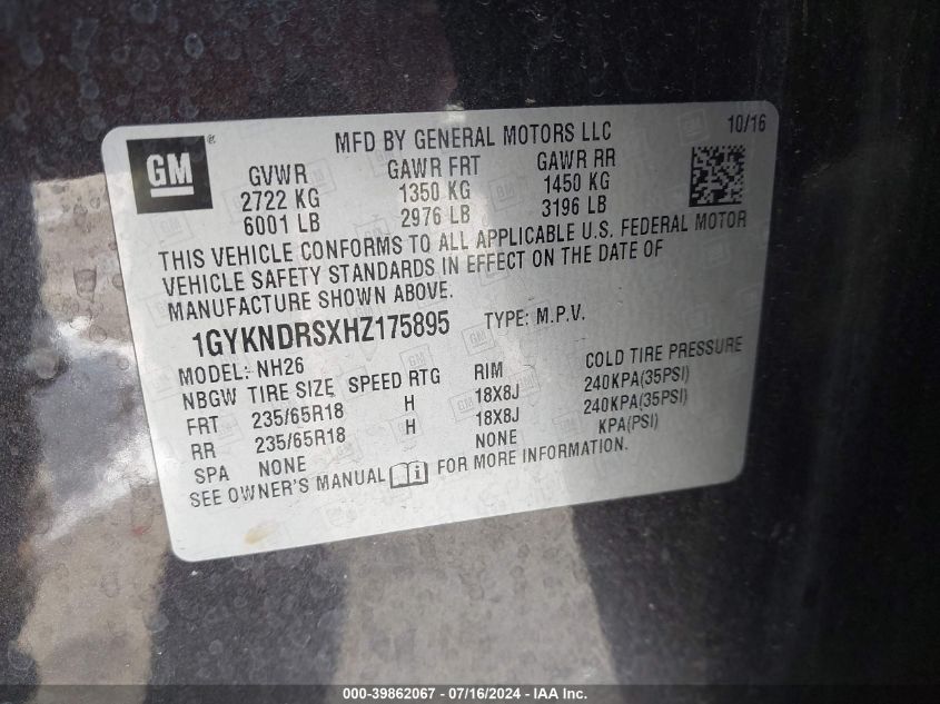 2017 Cadillac Xt5 Luxury VIN: 1GYKNDRSXHZ175895 Lot: 39862067